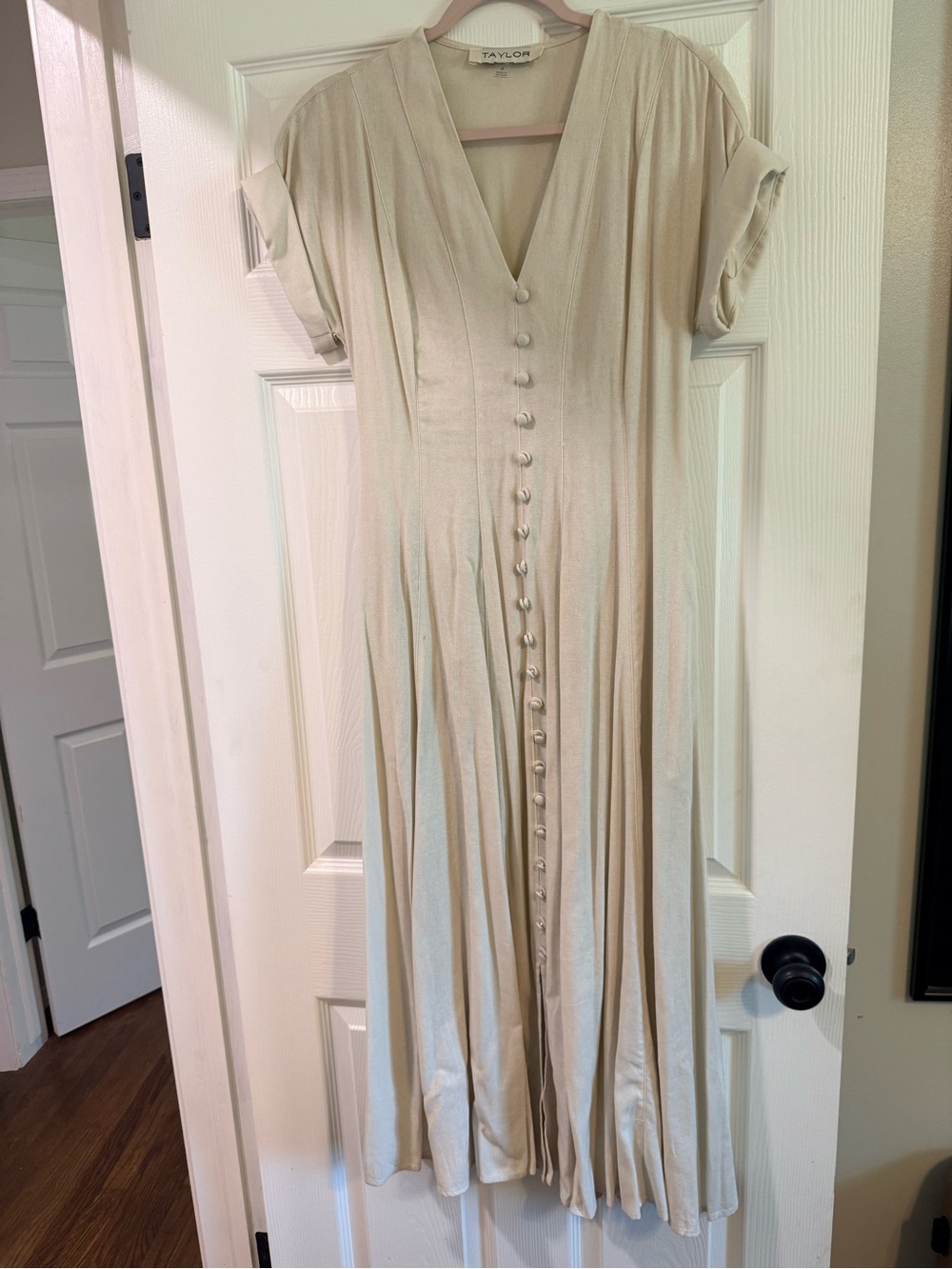 Taylor Cream Button-Front Midi Dress with V-Neck